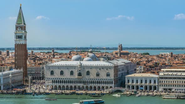 Timelapse of Busy San Marco Square in Venice, Italy. Many Tourists and Boats