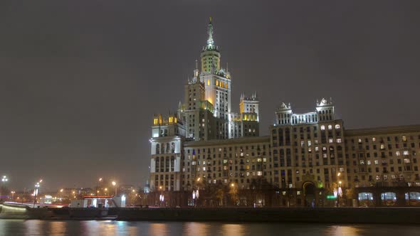 Night View of the Kotelnicheskaya Embankment Building Hyperlapse in Moscow Timelapse, Russia.