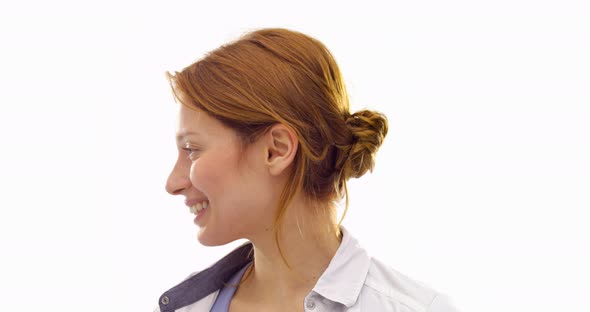 Beautiful Happy Fun Young Redhead Hair Cool Adult Woman Smiling Looking at the Camera Left Right