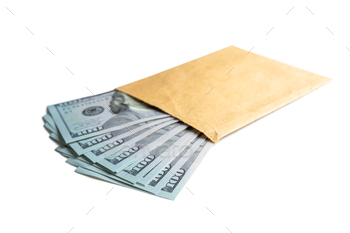 pe isolated on white background. Hundreds of dollar cash banknotes. Top view, flat lay. Business, finance, bank, currency, economy, wealth concept