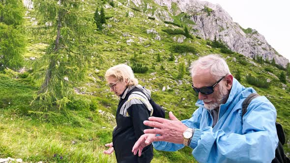 Elderly Couple During a Mountain Excursion in the Alps Summer Season