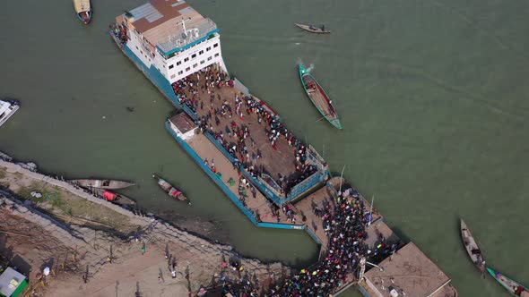 Aerial view of people waiting for ferry, Dhaka, Bangladesh,.