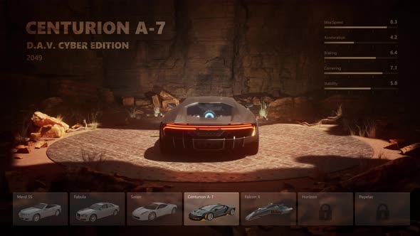 4k looped spinning car selection HUD inside cave