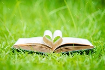 Close-up of an old open book laying on green grass with its pages forming a heart shape