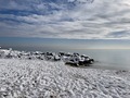snowy rocky coast of the sea in cloudy weather - PhotoDune Item for Sale