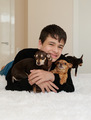 teenager playing with dogs on bed - PhotoDune Item for Sale