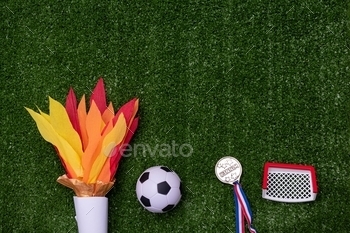  goal and medal on green grass background