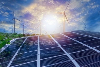 ergy wind and solar generation. Defocused photo with soft focus.