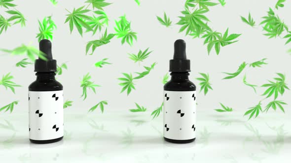 Seamless Loop of A lot of CBD oil bottles with marijuana or cannabis oil leafs in between. White bra