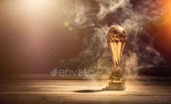 Gold football or soccer sports trophy cup on wood desk with dramatic strong contrast light