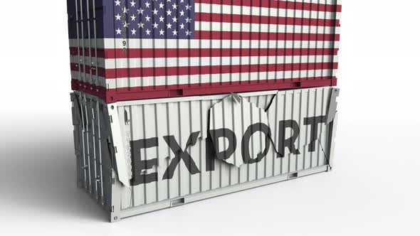 Container with EXPORT Text Being Crashed with Container with Flag of the USA alt