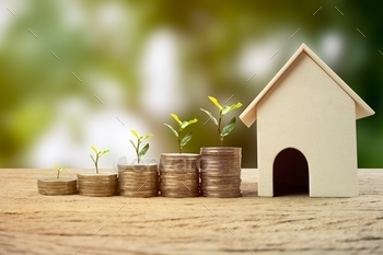 home, Financial wealth management concept. A plant growing on stacked coins with wooden house model. Depicts the growth of the real estate business.