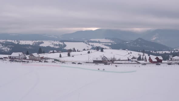 Aerial view of a village during winter