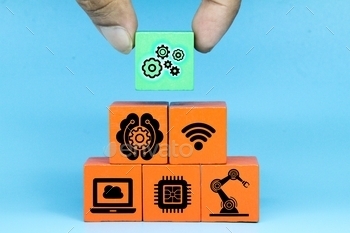 colored cubes with technology items and the word Industry 4.0. Industry 4.0 infographic.