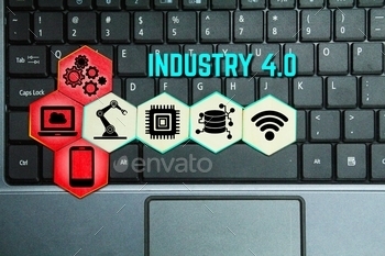 colored hexagons with technology items and the words Industry 4.0. Industry Infographics 4.0.