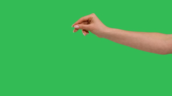 Close Up Side View of Beautiful Outstretched Female Hand with a Sprinkling Gesture Isolated on Green