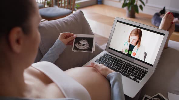 Pregnant woman has video conference with doctor. Shot with RED helium camera in 8K