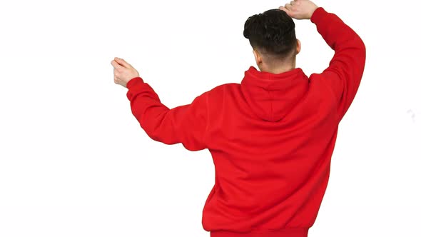 Casual Man Dancing in a Red Hoody on White Background.