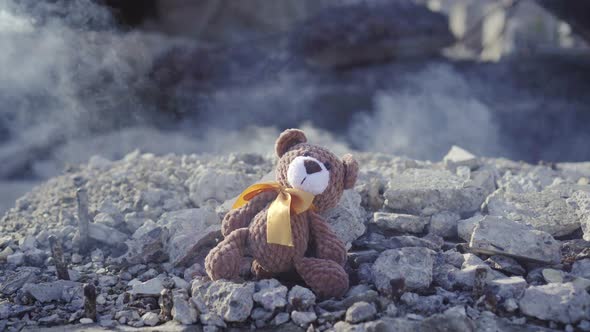 Close-up of Children's Toy in the Smoke on the Ruins After the Fire