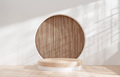Brown wood cylinder pedestal podium with vertical wood pattern background. 3D rendering. - PhotoDune Item for Sale