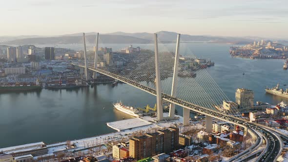 Winter View From a Drone on the Golden Bridge and the City at Sunrise