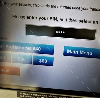 ne) banking machine screen allowing a person to choose the amount and make a cash withdrawal from their bank account, after entering their PIN (personal identification number).