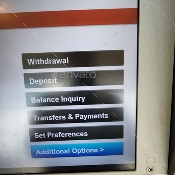 ptions for transactions to be done by the user. Transactions such as Withdrawal, Deposit, Transfers between accounts, make a payment, balance inquiry, or set individual preferences for the ATM user, and additional options.