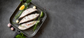 Raw halibut fish steaks prepared for grill in a pan - PhotoDune Item for Sale