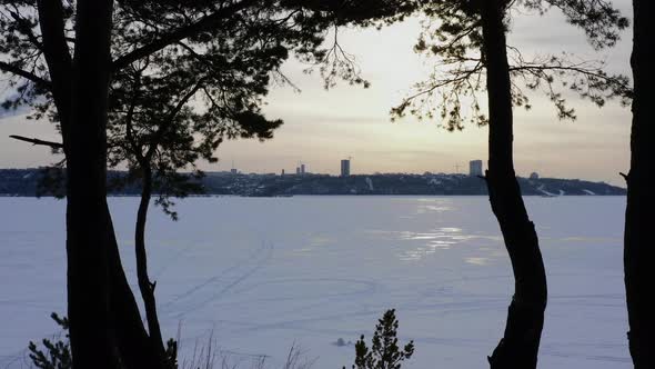 Volga River Covered with Snow and Ice 