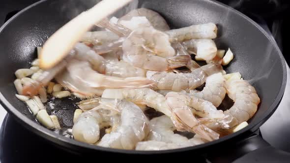 Close Up of Cooking Prawns in a Frying Pan