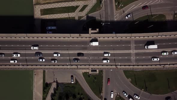 Drone's Eye View -  Roads Aerial View of Urban Traffic Jam on a Car Bridge.