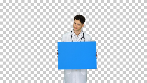 Happy smiling male doctor showing blank signboard and dancing