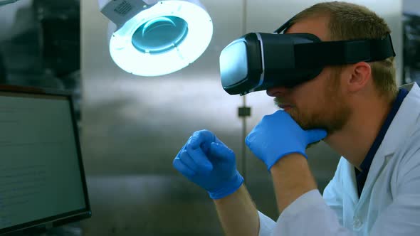 Robotic engineer using virtual reality headset at desk 4k