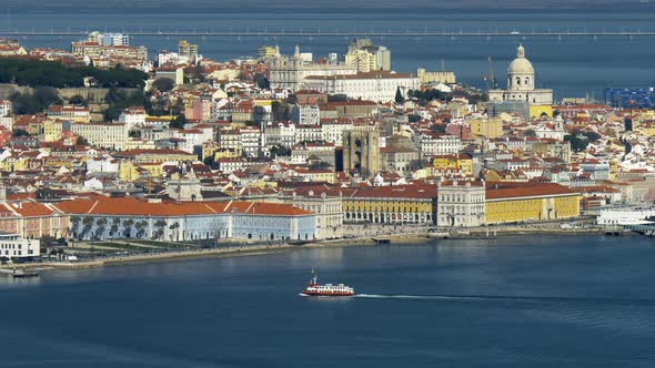 City Center of Lisbon, Portugal. Tagus River with Vasco Da Gama Bridge on Background. , FHD