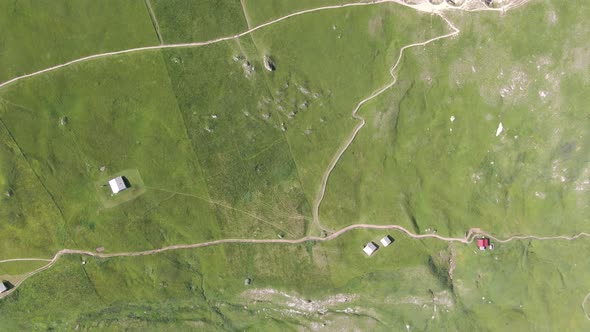 Top-down aerial view Seceda ridgeline, Dolomites mountains, Italy, Europe