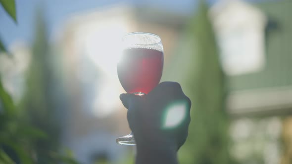 Closeup Red Juice in Sunrays in Female Caucasian Hand Outdoors