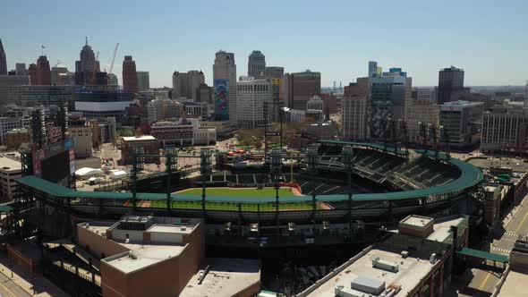 Comerica Park, home of the Detroit Tigers in Detroit, Michigan with drone video close up moving up.