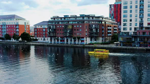 Aerial mid-air view of Amphibious vehicle sailing