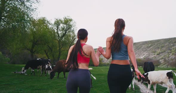 Two Friends Ladies in the Middle of Countryside