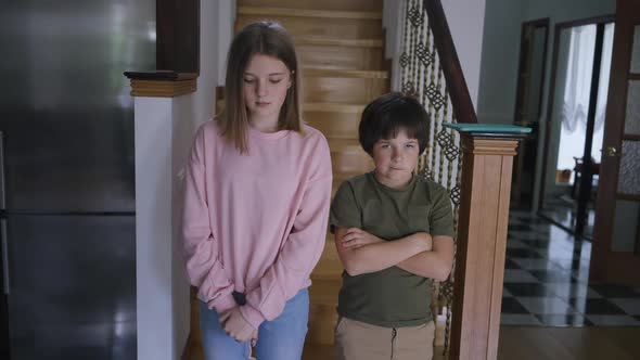 Portrait of Sad Teenage Girl and Little Boy Standing in Living Room As Female Hand Gesturing