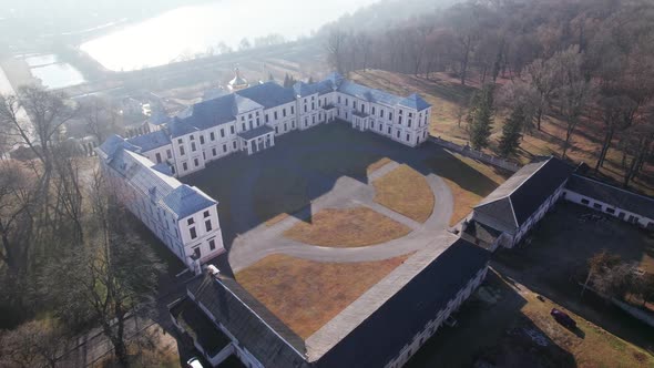 Front Aerial View of the Vyshnivets Palace Ukraine in Autumn