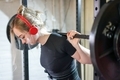 During lockdown young woman doing powerlifting in improvised home gym  - PhotoDune Item for Sale