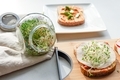 Home made healthy gluten free sandwiches with grilled chicken, green alfalfa sprouts and humus. - PhotoDune Item for Sale