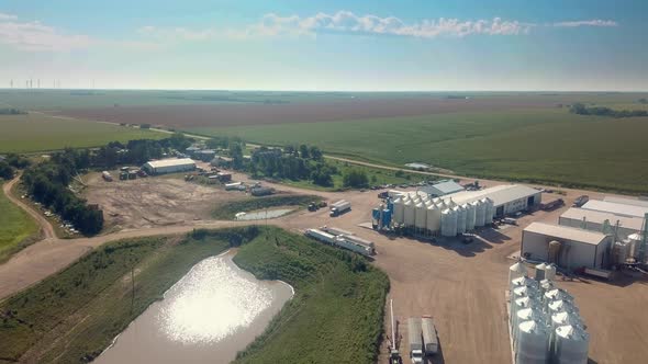 Drone aerial view of an agribusiness that exports cover seeds located in Nebraska USA; the view incl