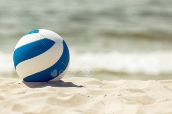 Closeup of volley ball on the beach in bright summer day with plenty of copy space on the right