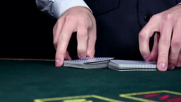 Croupier Shuffle Cards, Shows on Table at Casino, Slow Motion