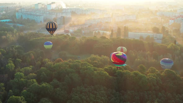 Beautiful top view of the balloons, Balloons fly over the park, city