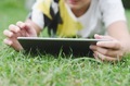 A kid using iPad lying on the green grass backyard relaxing gaming having fun happiness vacations tr - PhotoDune Item for Sale