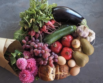  with fresh flowers. Food flat lay of autumn/ fall foods.