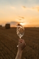 Woman holding glass of water in the mown field on sunset. - PhotoDune Item for Sale